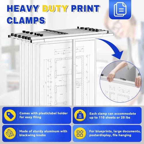 LINSIRON Blueprint Hanging Clamps (6p 24inch) Holder Aluminum Print Rack Adjustable with Black Wing Knob Nuts Drafting Supplies Blueprint Poster Chart Include Transparent Label Clip Storage Organizer