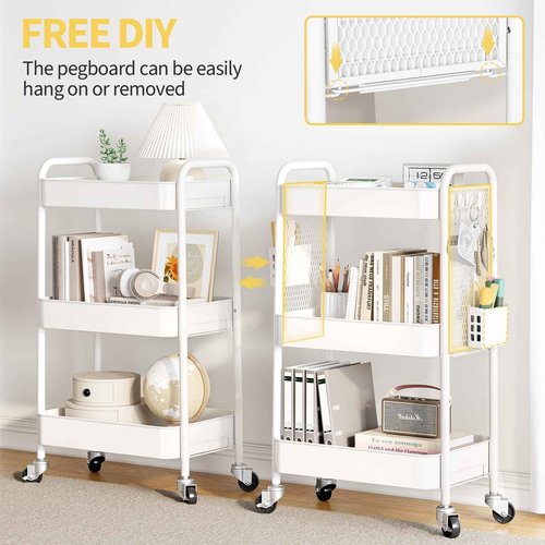 TOOLF 3 Tier Rolling Cart Storage Organizer, Metal Rolling Utility Cart with Wheels, Hooks & Bins Esthetician Craft Art Sturdy Storage with Pegboard for Bathroom, Kitchen, Office, Nursery Diaper