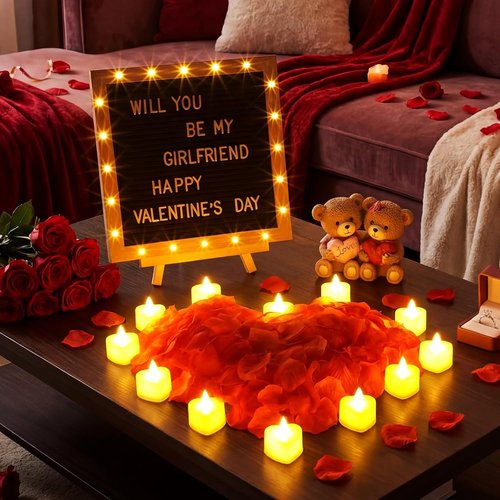 Ceenna Romantic LED Candle Sign - "Will You Be My Girlfriend" with Rose Petals | 10x10 Inch DIY Felt Board for Valentine's Day Decor