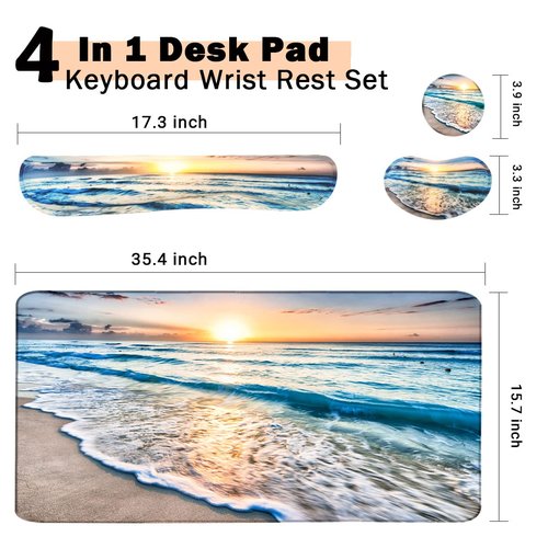 4-in-1 Large Gaming Mouse Pad, Keyboard Wrist Rest Pad & Wrist Support Mousepad Set, Extended Desk Pad Waterproof Desk Mat for Home Office Study Game-Beach