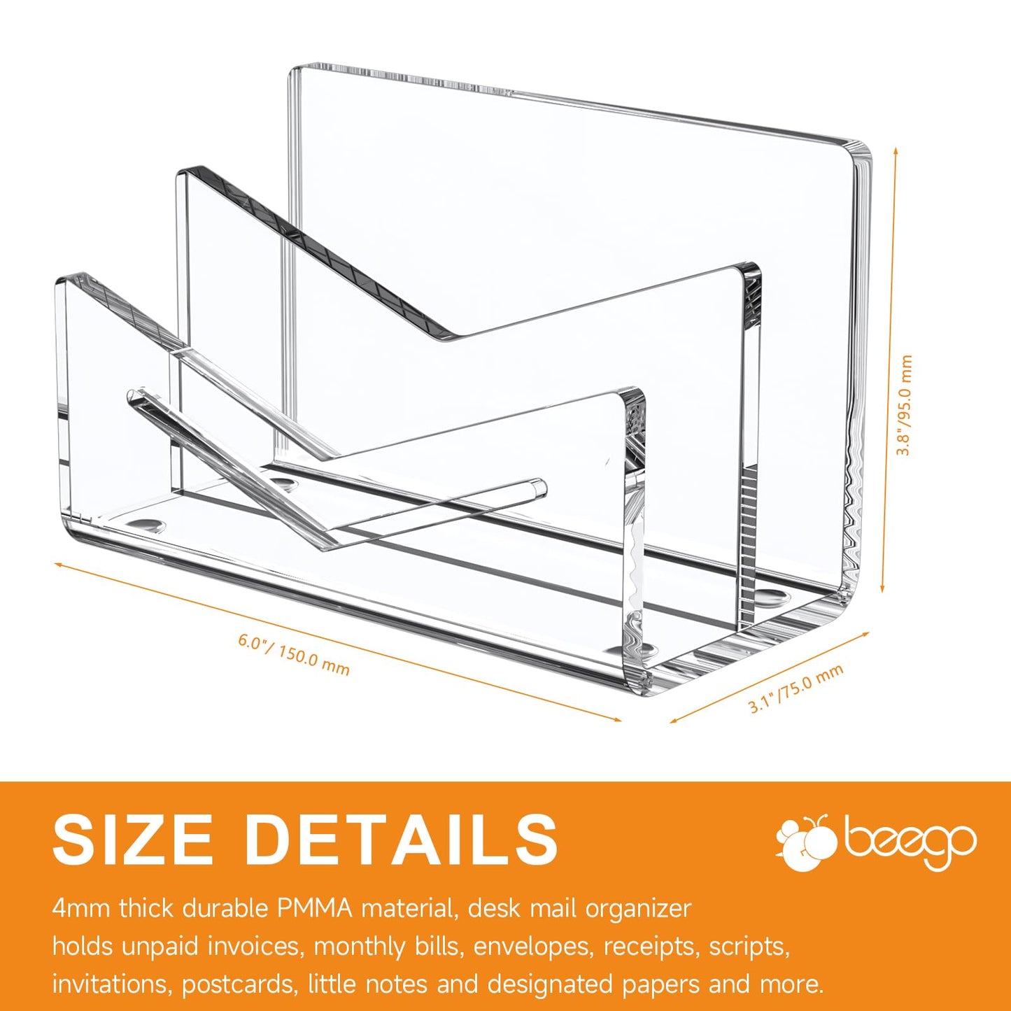 Beego Envelope and Mail Organizer Countertop - 2 Compartments Clear Acrylic Desk Organizer Letter Holder Desktop File Sorter Bill Document Folder Rack for Office, Home, School Desk Organization