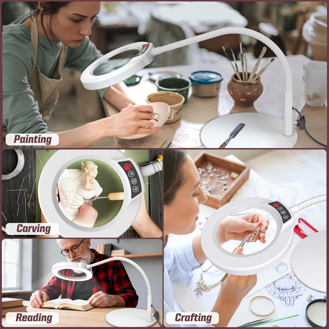 10X Magnifying Glass - LED Lighted Desk Lamp with Flexible Goose-Neck & 5 Color Modes - White