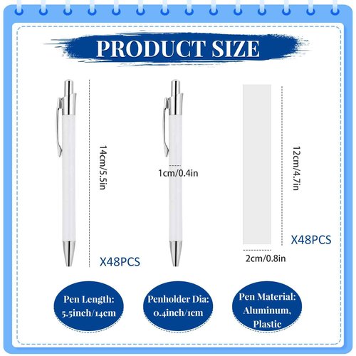 48 Pcs Sublimation Pens Blank Sublimation Coated Pen With Shrink Wrap Heat Transfer Pen Sublimation Ballpoint Pen,Aluminum Customized Clip Pen Personalized Pen For DIY Office School Stationery Supply