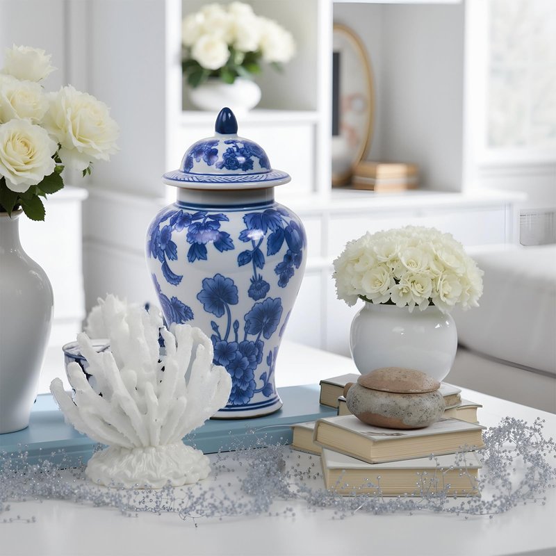 Blue and White Ginger Jar with Lid Antique Style Porcelain Ginger Jars Chinoiserie Home Decorative