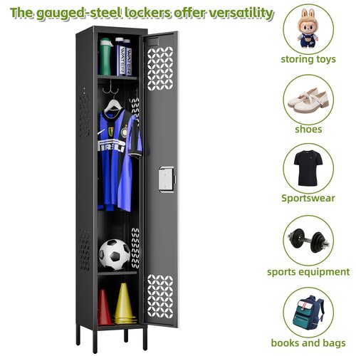 SUPEER 1 Door Metal Locker with Adjustable Shelves and 3 Hooks,Metal Lockers for Employees for Gym,School,Office,Home,Garage,Assembly Required,Black
