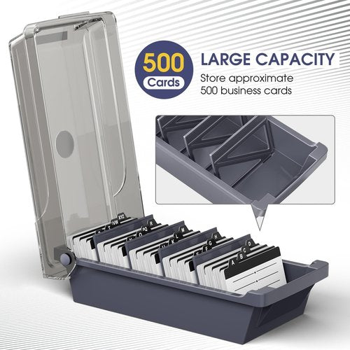 MaxGear Business Card Holder for Desk, Large Plastic Business Card Organizer Box with Lid, Credit Card File Storage Case for Office & Home, Holds 500 3.5” x 2.2” Cards with A-Z Index Tabs, Gray