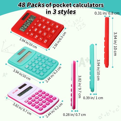 Yunsailing 48 Pcs Pocket Calculators Bulk Mini 8 Digit Handheld Calculator Small Basic Standard Calculator for Students Kids Teachers School Desktop Home Office, 3 Designs