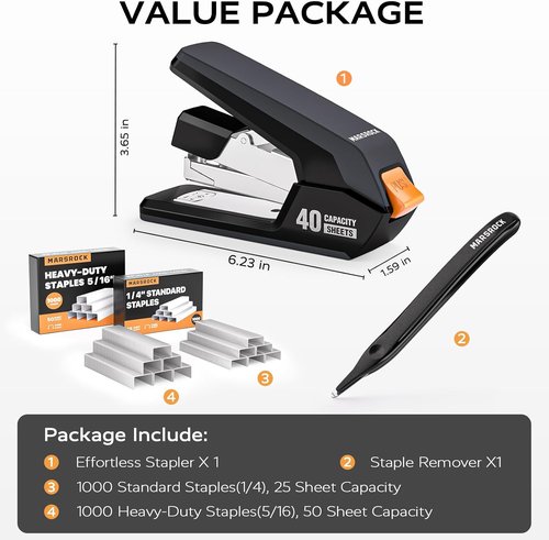 MARSROCK Heavy-Duty Desk Stapler - Effortless 1-Touch Stapling, 40-50 Sheet Capacity, Black