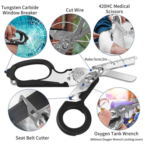 Dekeliy 5PCS 6 in 1 Multi-function Foldable Trauma Shears with Compatible Holster, Emergency Response Scissors Outdoor Camping Emergency Tools With Strap Cutter and Glass Breaker (Black)