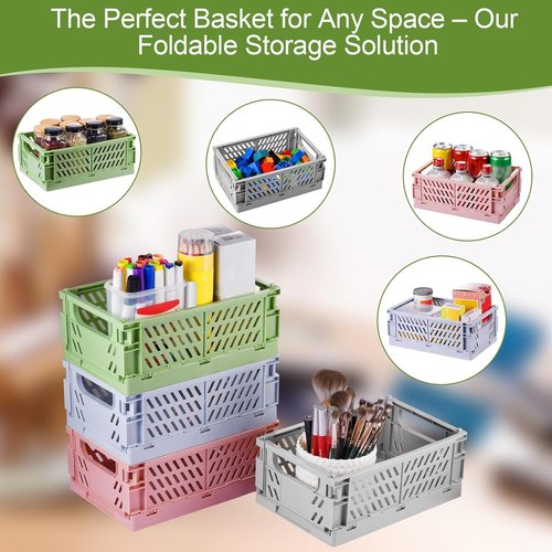 HUUSMOT Small Pastel Plastic Storage Baskets - 4-Pack Collapsible Organizing Crates | Space-Saving Mini Bins (Green, 9.8" x 6.5" x 3.8")