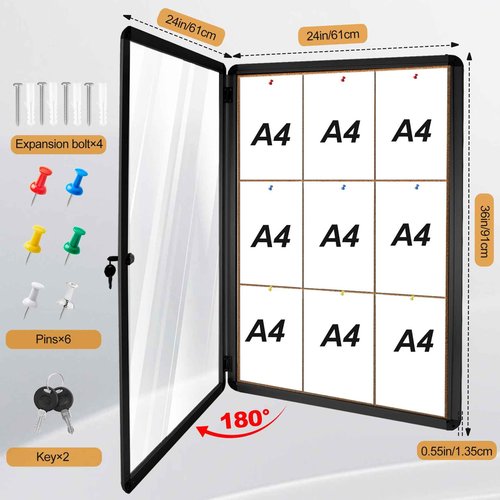 36"x24" Outdoor Enclosed Bulletin Board with Locking Door,Outdoor Bulletin Board Weatherproof Aluminum Frame,Shatter-Resistant Tamper-Proof Display Board Case Cork Board for School, Office, Park