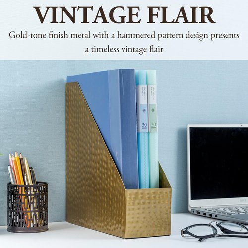 MyGift Vintage Brass Tone Metal Desktop Magazine File Holder Bin with Hammered Texture Design, Office Desk Document Folder Storage Organizer - Handcrafted in India