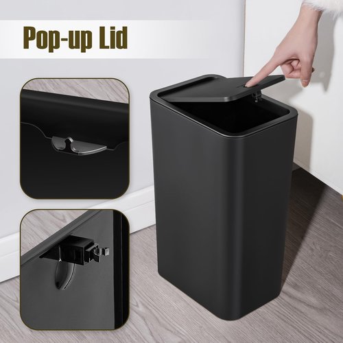 TrashAid Bathroom Trash Can, 2.6 Gallon / 10 Liter Small Garbage Can with Press Top Lid, Plastic Wastebasket with Pop-up Lid for Toilet, Office, Bedroom, Living Room, Black