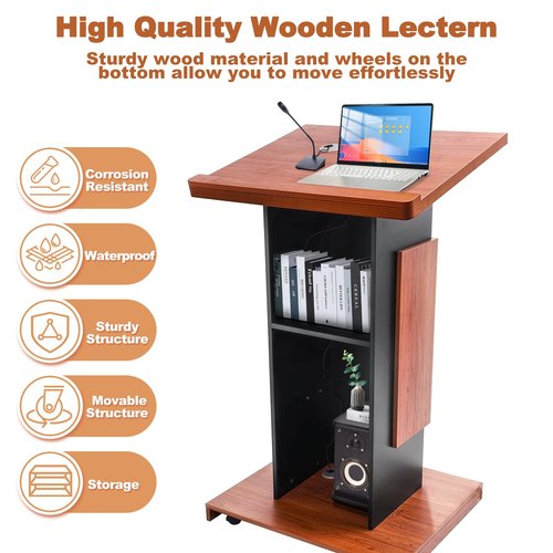 Vakiorn Wood Podium Stand with 4 Lockable Wheels,44.6“ Wooden Lectern with Storage,Wooden Standing Pulpit with Wire Hole for Church Office School Home Conference Restaurant Meeting Auditorium