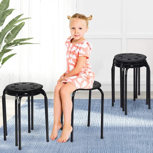COSTWAY 6-Pack Round Plastic Stack Stools, 17.5-inch Height Backless School Classroom Decoration Stools with Metal Frame, Portable Stackable Chairs for Kids Children Students, Black