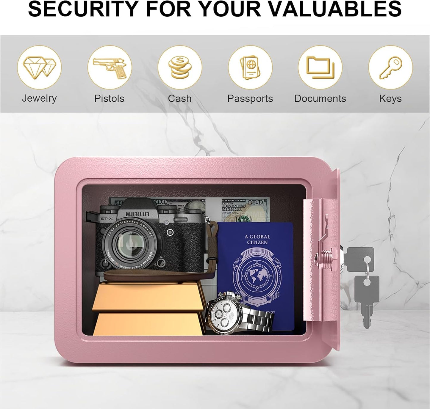 0.23 Cubic Small Safe Box for Home, Mini Safes for Kids, Pink Safe with Key, Security Cabinet Safes with Cutting-edge Bending, Lock Box with Keys for Money Cash, 6.69x 9.06x 6.69 Inches, Pink
