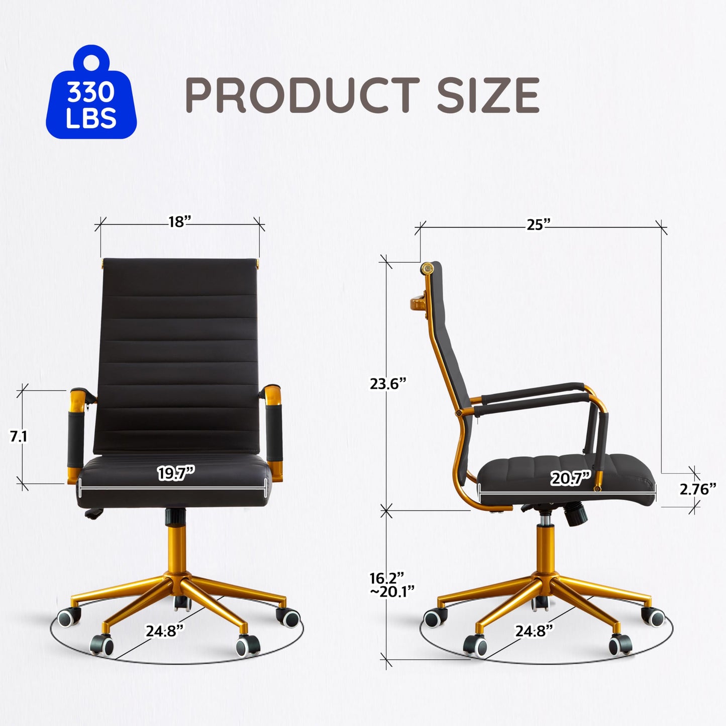 Livinia Modern Executive Office Desk Chair, Chrome & Leather Conference Room Swivel Chairs with Ribbed High Back, Adjustable Height, Removable Armrest, and Wheels for Home Office (Black(Gold))