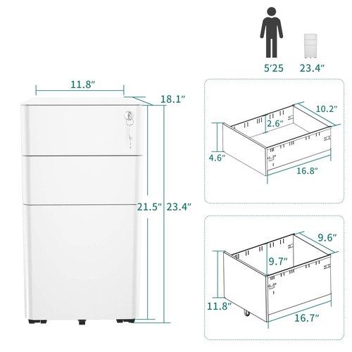 YITAHOME 3-Drawer Metal Filing Cabinet Office Drawers with Keys, Compact Slim Portable File Cabinet, Pre-Built Office Storage Solution for A4/Letter/Legal, White