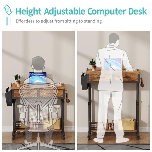 Small Portable Standing Rolling Desk - 32 Inch Adjustable Mobile Stand Up Teacher Desks with 2 Fabric Drawers on Wheels, Couch Sofa Side Laptop Table with Storage for Bedroom Home Office, Rustic Brown