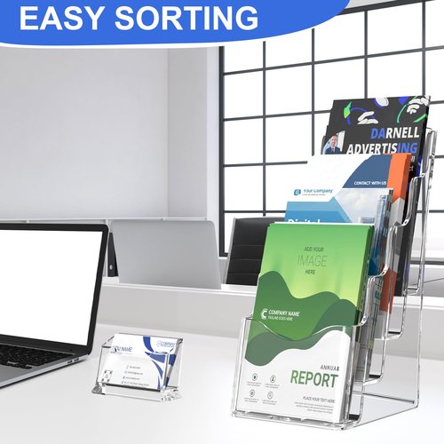 4 Pcs Acrylic Brochure Holder, 4 x9 Inches Flyer Holder, 4 Tier Clear Pamphlet Holder, Magazine Literature Organizer Holder, Brochure Display Stand, for Wall Mount or Desktop Use