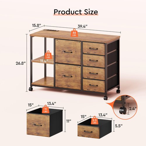 Maihail 6 Drawer File Cabinet with Charging Station Rolling Printer Stand with Open Storage Shelf Fabric Lateral Filing Cabinet for Home Office,Rustic Brown2
