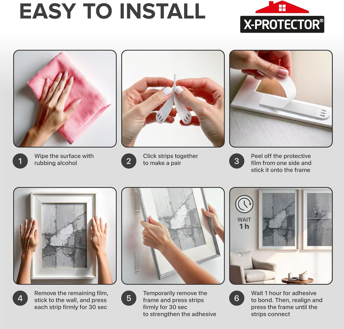 X-Protector Picture Hanging Strips - Heavy Duty Self-Adhesive Hangers for Damage-Free Walls - 20 Pairs, Holds Up to 15 LBS