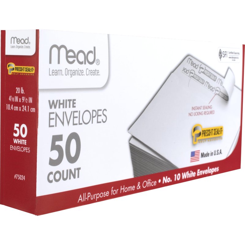 Mead #10 Envelopes, Press-It Seal-It, White, 50/Box (75024)