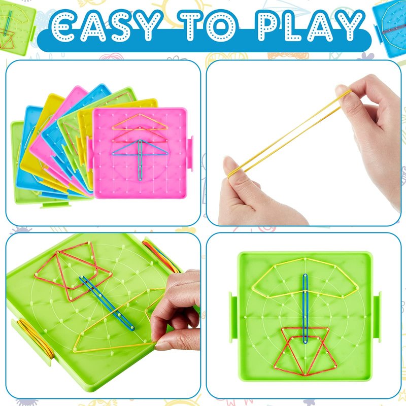Deekin 12 Pcs Double Sided Geoboard Mathematical Kids Geoboards with Rubber Bands Math Manipulatives Toy for Geometry, 6.9 x 6.3 Inches Classroom Back to School
