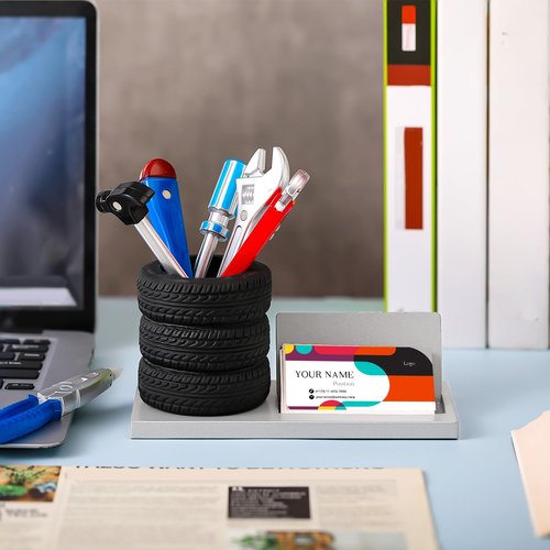 Feifeiya 7 Pcs Novelty Tool Pens Set Tire Shaped Pencil Holder Business Card Holder Wrench Pens Car Salesman Gift Fun Tire Decor Mechanic Desk Accessories for Desk Office Men Car Lover(Black,Silver)