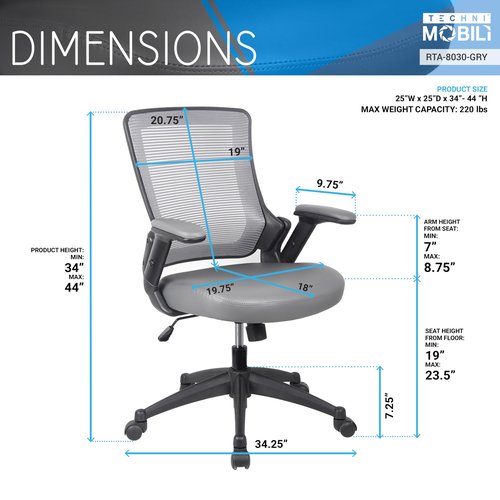 Techni Mobili Height Adjustable Arms Mid-Back Mesh Task Office Chair, 25" W x 25" D x 34" H, Gray