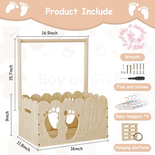 Wooden Baby Shower Crate Closet with Hangers & Handle, Large Wooden Crate for Baby Shower Gifts Display, Newborn Welcome Basket, Nursery Storage & Decor Organizer (Footprint)