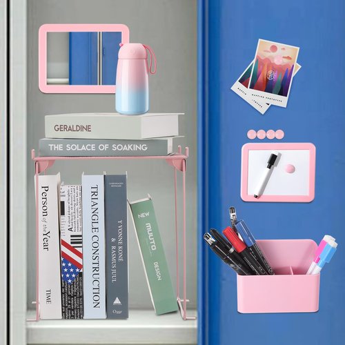 Fippy Pink locker accessories kit, locker decorations for girls, cute locker set includes locker shelf, magnetic locker mirror and whiteboard, pen holder, markers and magnets