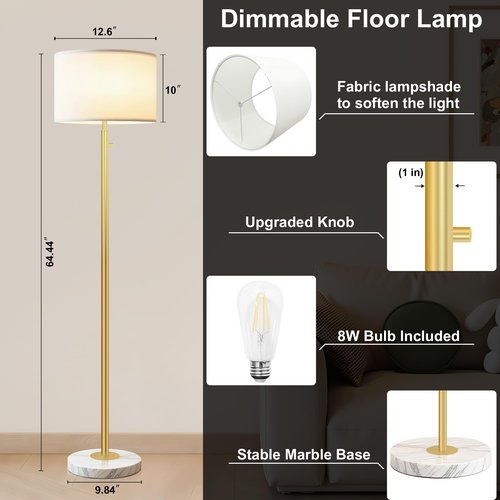 Aulaiyi Floor Lamp for Living Room,Dimmable Gold Floor Lamp,Modern Standing Lamp with Marble Base,Tall Standing Lamp for Bedroom, Reading,Office & Kids' Room,LED Bulb Included(Gold)