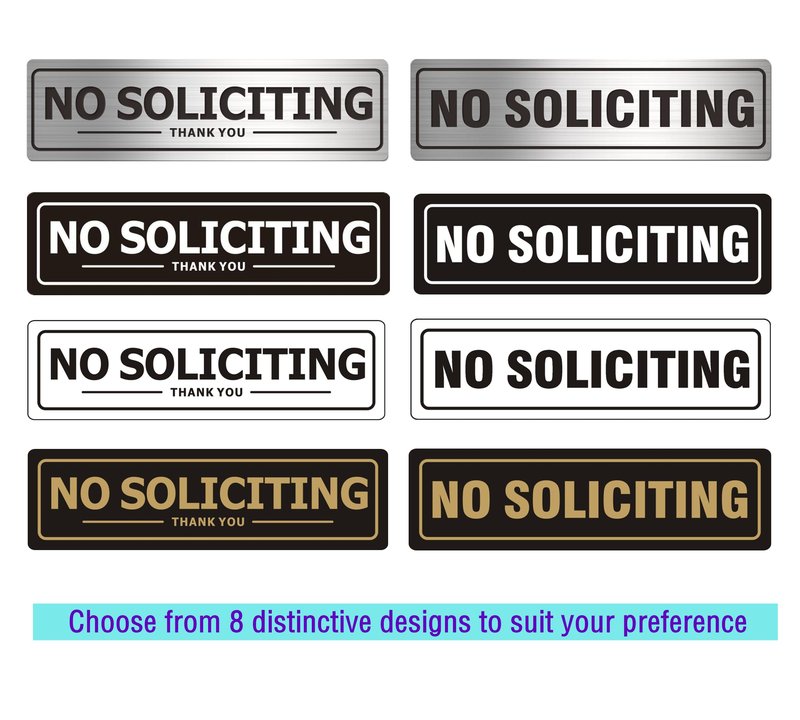 No Soliciting Sign - Door Signs for House Business and Office Wall - Aluminum Metal with Strong Self Adhesive (2 Pack, Silver 7×2 inches)
