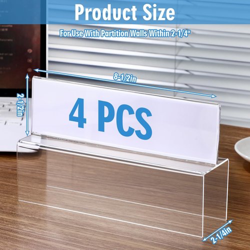 Anglechic 4 Pcs Double Sided Acrylic Cubicle Name Plate Holders Clear Plastic Name Plate Sign for Office Home Classroom Library, 8.5 × 2.5 × 2.25 Inch