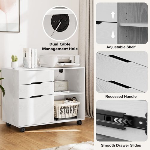 File Cabinet with 3 Drawers, Mobile Lateral Filing Cabinet with Open Storage Shelves for Home Office Under Desk Storage, White