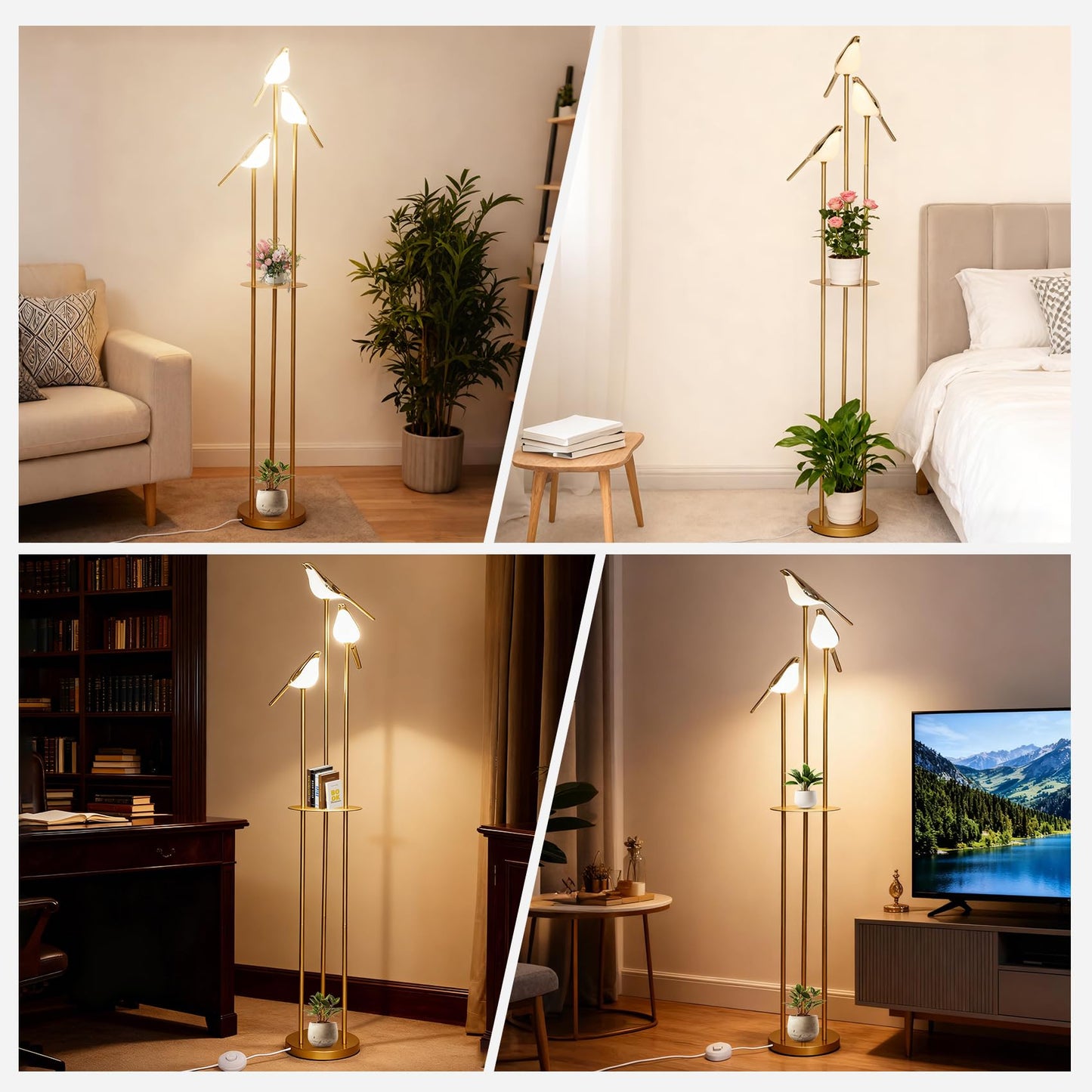 Deerift πΌπππππ
π Unique Gold Floor Lamps for Living Room, with 3 Adjustable LED Bird Lights and Storage Shelf, Brightness Adjustable, Stand up Lamp for Bedroom Kids Room Office