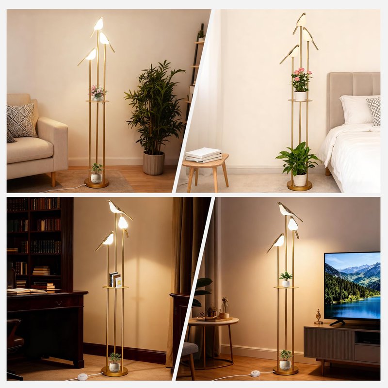 Deerift πΌπππππ
π Unique Gold Floor Lamps for Living Room, with 3 Adjustable LED Bird Lights and Storage Shelf, Brightness Adjustable, Stand up Lamp for Bedroom Kids Room Office