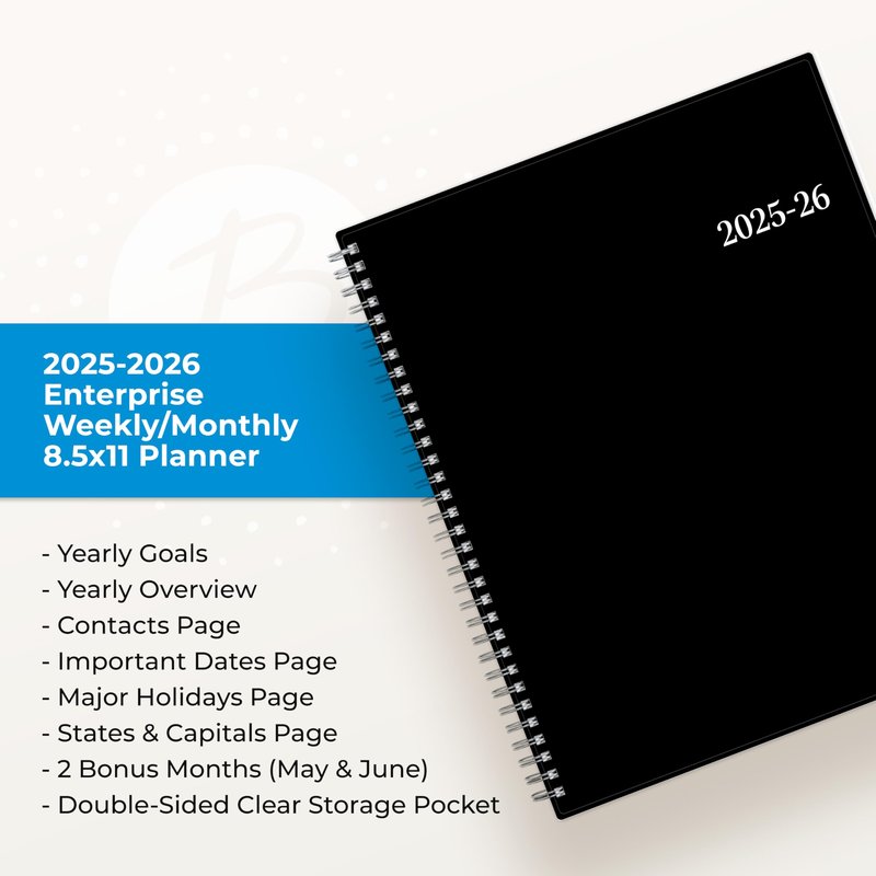 Blue Sky 2025-2026 Weekly and Monthly Academic Year Planner Calendar, July - June, 8.5" x 11", Flexible Cover, Wirebound, Laminated Tabs, Storage Pocket, Enterprise