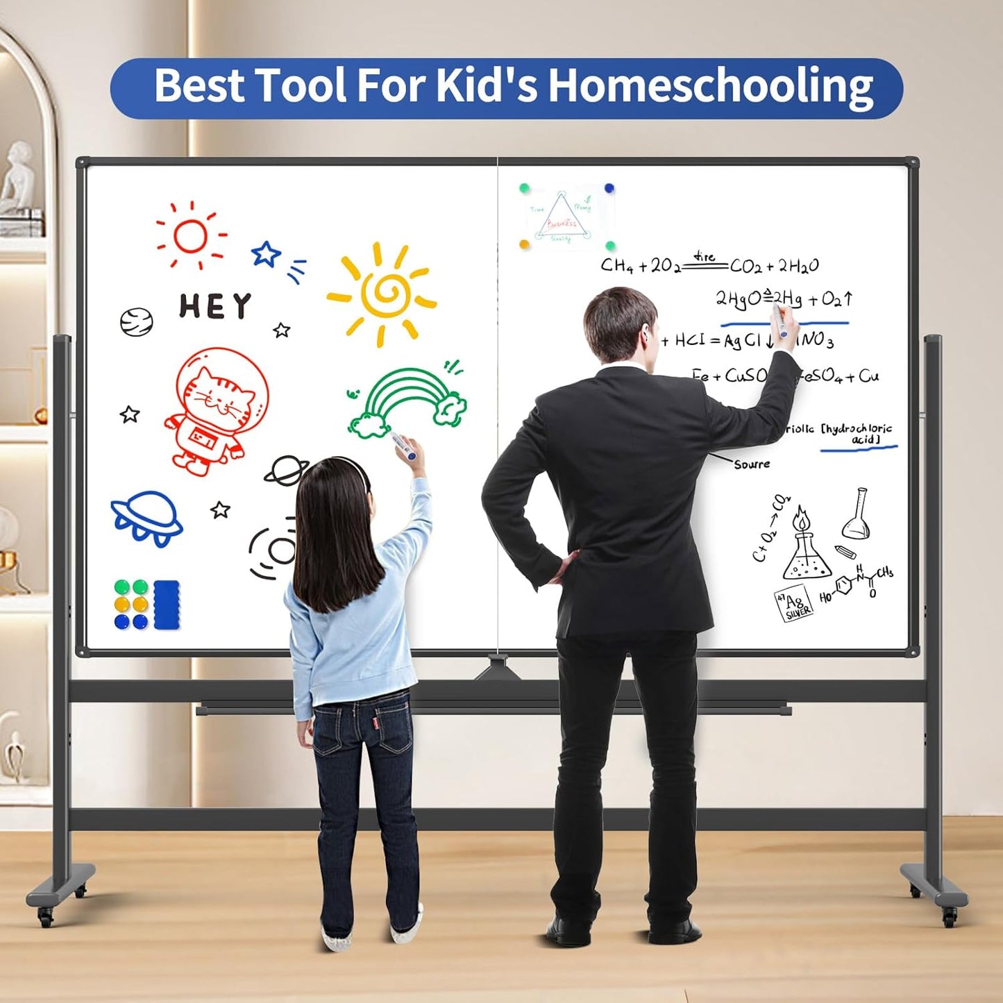 Skiennix Double-Sided Rolling Whiteboard - 72 x 48 Inches Magnetic Dry Erase Board on Wheels