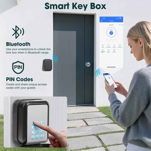 Thlevel Smart Key Lock Box Electronic Bluetooth Lock Box with APP Control & PIN Code Types,Share eKey Wall Mounted Lock Box for Airbnb Realtor House Office