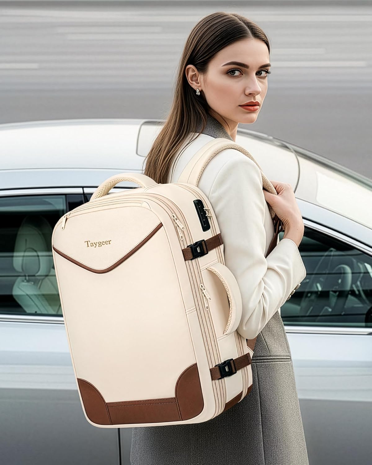 Taygeer 35L Travel Backpack - TSA Approved Carry-On with Lock | Expandable for 15.6" Laptop - Beige & Brown