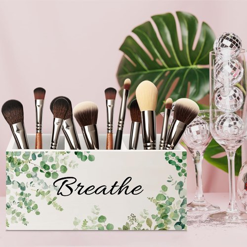 URLLUAE Sage Green Eucalyptus Breathe Makeup Brush Toothbrush Holder Organizer for Bathroom, Green Botanical Wooden Pen Pencil Holder for Office Desk Accessories