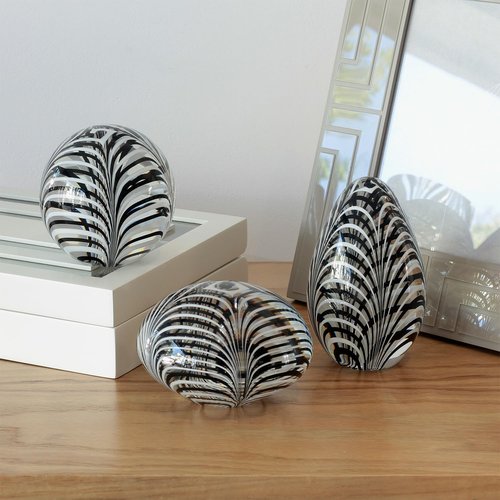 Ca D Oro Egg Glass Paperweight Black and White Feather Pattern Hand Blown Murano-Style Art Glass