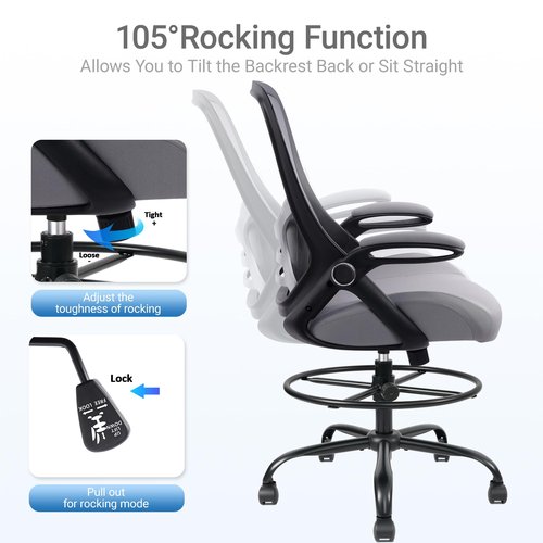 HYLONE 400lbs Heavy Duty Drafting Chair 5" Thickened Seat Office Chair with Flip-Up Armrests Tall Ergonomic Computer Chair with Lumbar Support and Adjustable Footrest Ring Standing Desk Chair(Grey)
