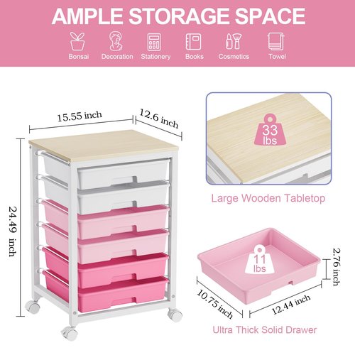SYKIARIOL Utility Cart With 6 Drawers and Wooden Tabletop, Storage Cart on Wheels for Office, Classroom, Bathroom, Bedroom - Pink