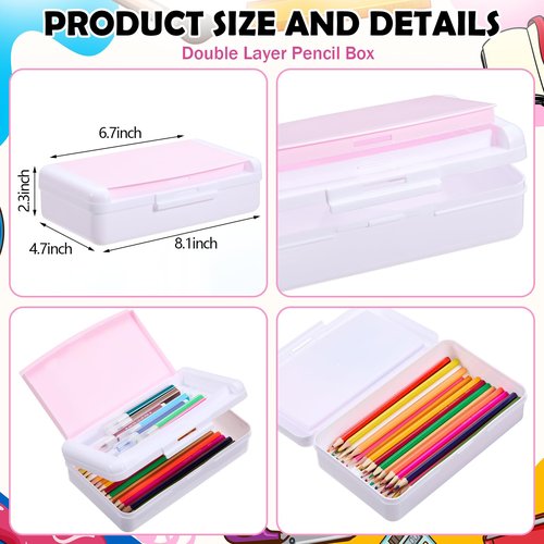 Sherr 12 Pack Large Capacity Pink Pencil Boxes – Double Layer Plastic Pencil Case Organizer, Stackable Crayon & Gel Pen Storage Containers