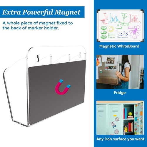 Lumanman Dry Erase Marker Holder with 3 Compartments, Wall Mounted Marker Organizer, Magnetic Marker Holder Organizer for Whiteboard, Fridge, Locker, Pen Holder for Wall, Acrylic Pencil Holder, Clear