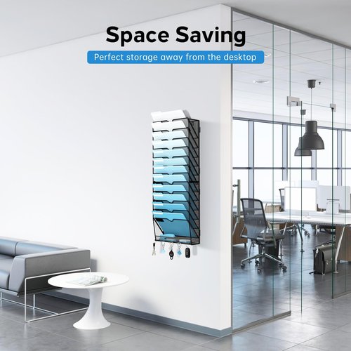 SUPEASY 13-Tier Wall File Organizer, Wall File Holder with Hooks, Mesh Hanging File Organizer, Mail Organizer Wall Mounted for Papers, Folders, Office Magazine Rack, Assembly Needed, Black