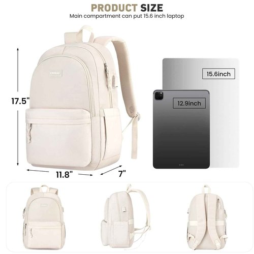 KROSIAS School Backpack for Teens Girls, Cute Student Bookbag Large 15.6 Inch Laptop Bag Aesthetic College Backpacks for Women High School Travel (Beige)